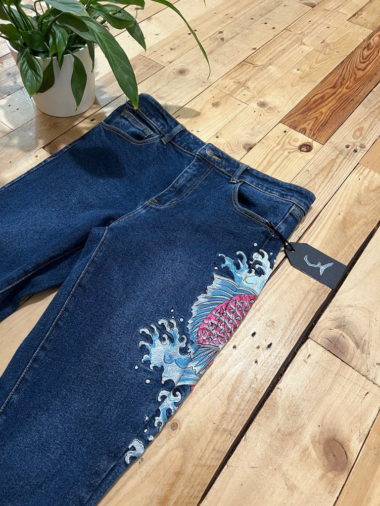 Ed Hardy Embroidered Y2K Koi Fish Denim Jeans |